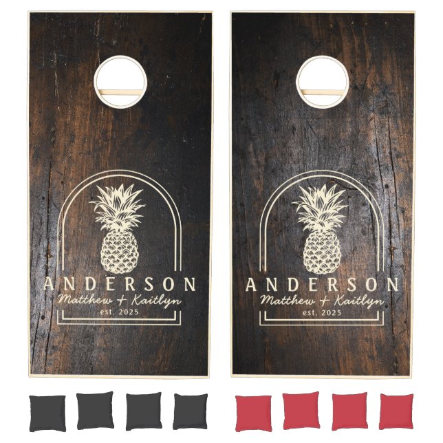 Dark Chopping Block Pineapple Wedding Arch & Name Cornhole Set (Set)