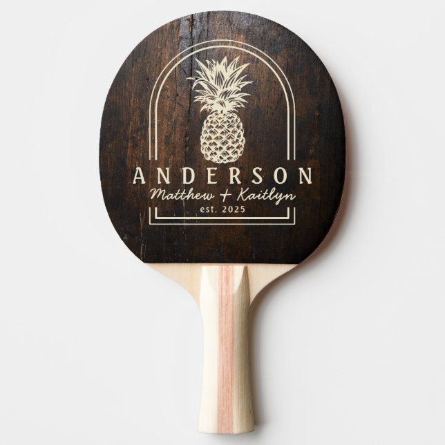 Dark Chopping Block Pineapple Wedding Arch & Name Ping Pong Paddle (Front)