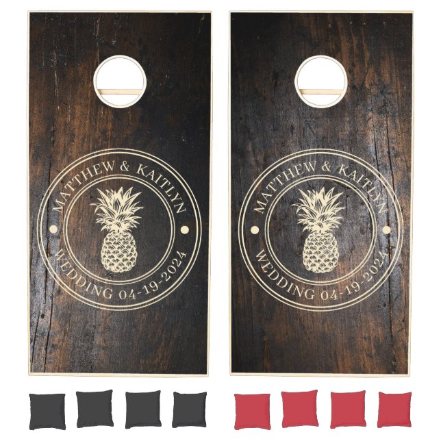Dark Chopping Block Pineapple Wedding Crest & Name Cornhole Set (Set)