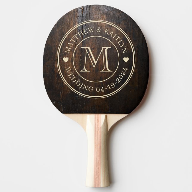 Dark Chopping Block Wedding Monogram Heart Ping Pong Paddle (Front)
