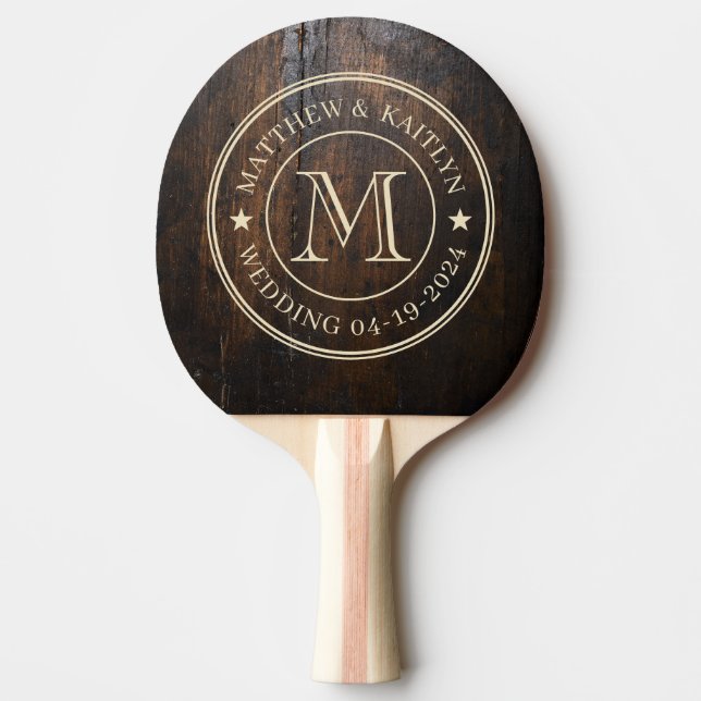 Dark Chopping Block Wedding Monogram Star Ping Pong Paddle (Front)