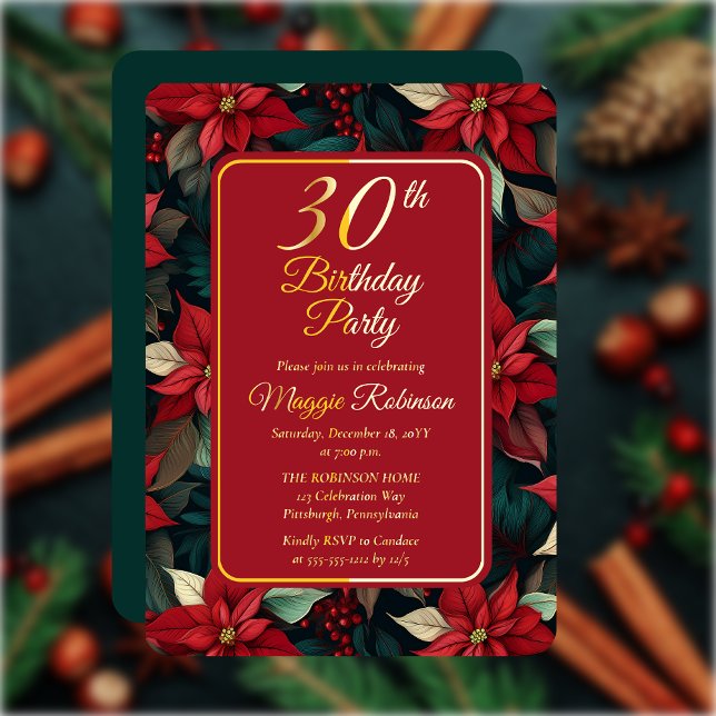Dark Christmas Holiday Floral 30th Birthday Party Foil Invitation (Elegant Dark and Moody Poinsettias Christmas and Holiday 30th Birthday Party Gold Foil Invitation)