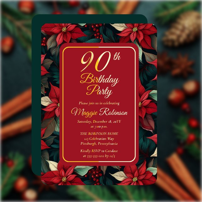 Dark Christmas Holiday Floral 90th Birthday Party Foil Invitation (Elegant Dark and Moody Poinsettias Christmas and Holiday 90th Birthday Party Gold Foil Invitation)
