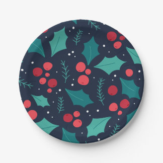 Dark Christmas Mistletoe and Leaf Pattern Paper Plates