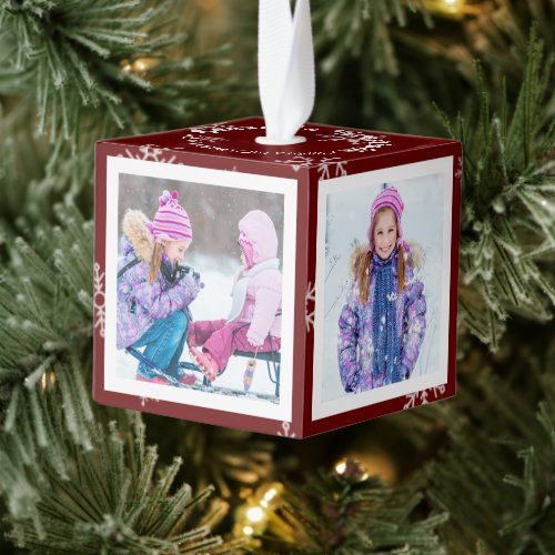 Dark Christmas Snowflake Seasons Greetings Photo Cube Ornament