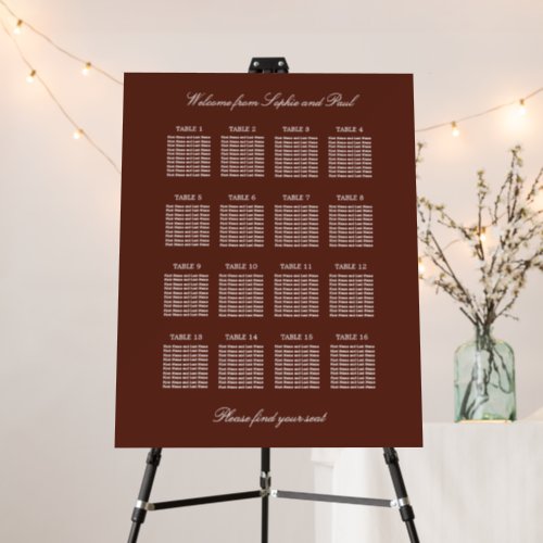 Dark Cinnamon 16 Table Seating Chart Foam Board