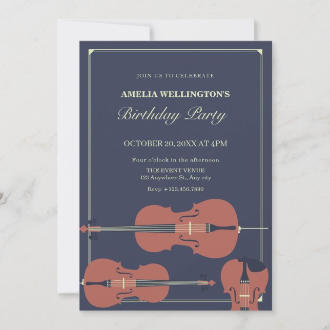 Dark classy violin cello classical birthday invitation (Front)
