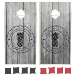 Dark Clean Gray Pineapple Wedding Crest & Names Cornhole Set