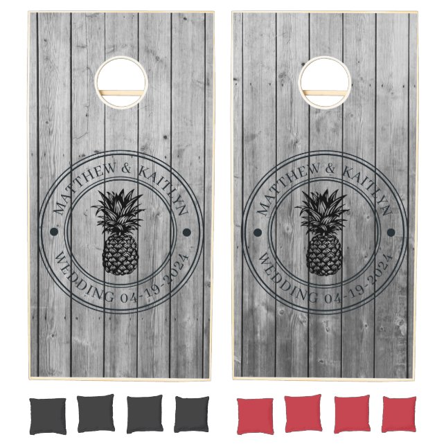Dark Clean Gray Pineapple Wedding Crest & Names Cornhole Set (Set)