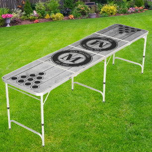 Dark Clean Gray Wood Boards Family Monogram & Name Beer Pong Table