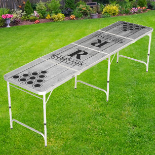 Dark Clean Gray Wood Boards Family Name & Initial Beer Pong Table