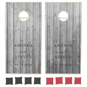 Dark Clean Gray Wood Couple Name with Wedding Date Cornhole Set