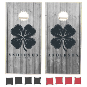 Dark Clean Gray Wood Four Leaf Clover with Name Cornhole Set