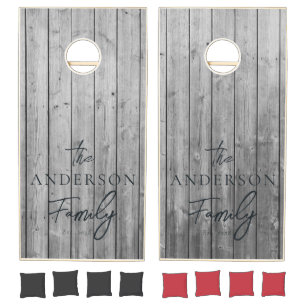 Dark Clean Gray Wood Hand Written Family Name Cornhole Set