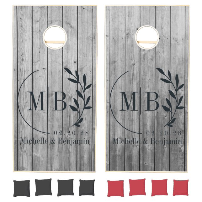 Dark Clean Gray Wood Leaf Wedding Monogram Cornhole Set (Set)