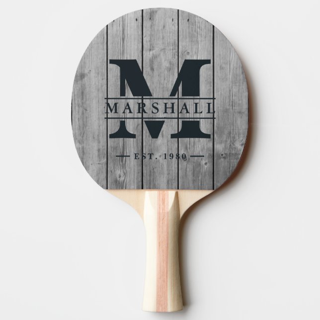 Dark Clean Gray Wood Monogram & Name Overlay Ping Pong Paddle (Back)