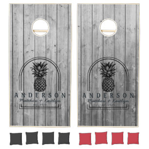 Dark Clean Gray Wood Pineapple Wedding Arch & Name Cornhole Set