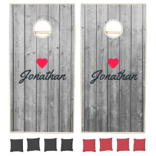 Dark Clean Gray Wood Vintage Heart Signature Cornhole Set