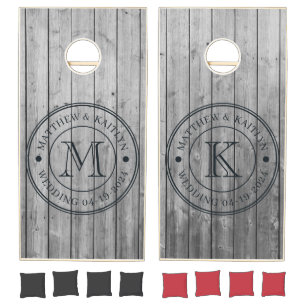 Dark Clean Gray Wood Wedding Monogram Cornhole Set