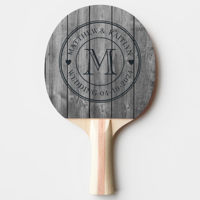 Dark Clean Gray Wood Wedding Monogram Heart Ping Pong Paddle (Front)