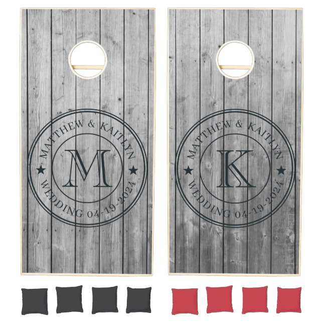 Dark Clean Gray Wood Wedding Monogram Star Cornhole Set (Set)