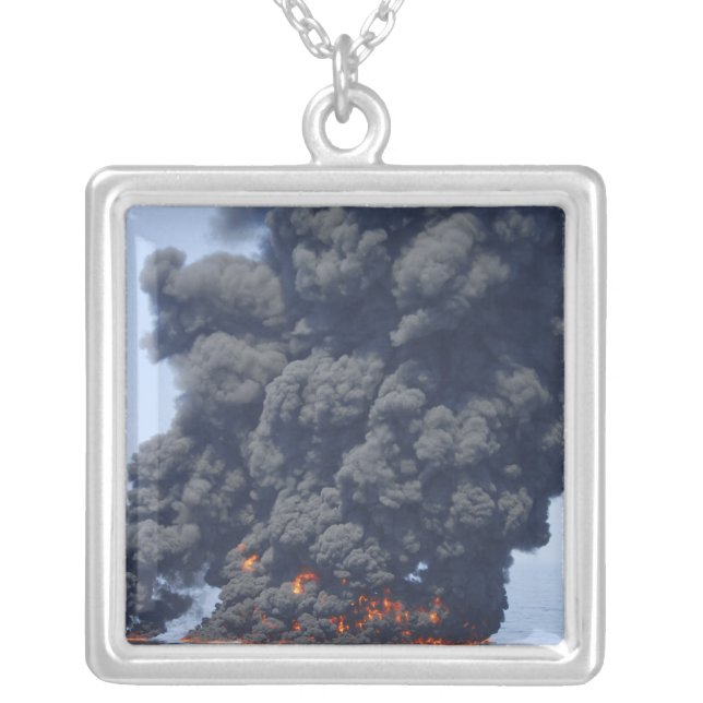 Dark clouds of smoke and fire emerge 2 silver plated necklace (Front)