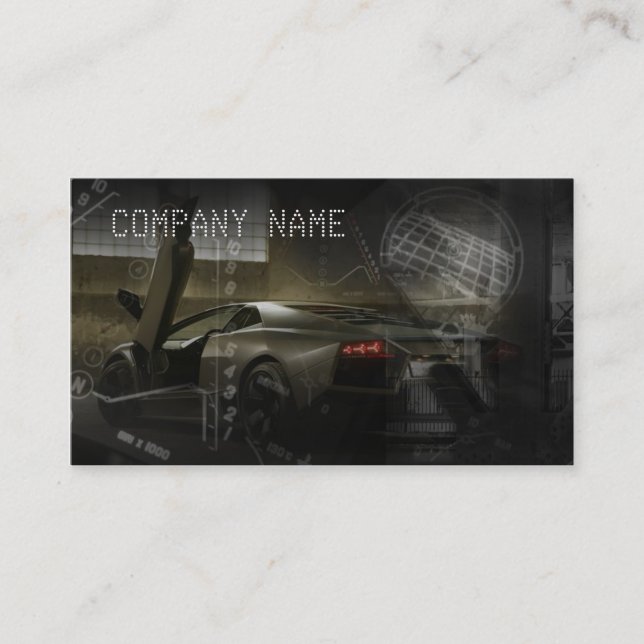 Dark Colored Business Card Containing Sports Car (Front)