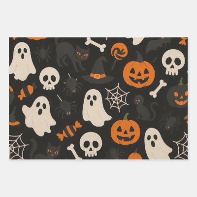 Dark colored wrapping paper with Halloween-themed 