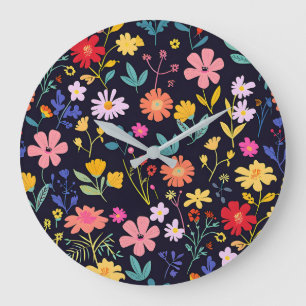 Dark Colorful Ditsy Floral Bohemian Pattern Large Clock
