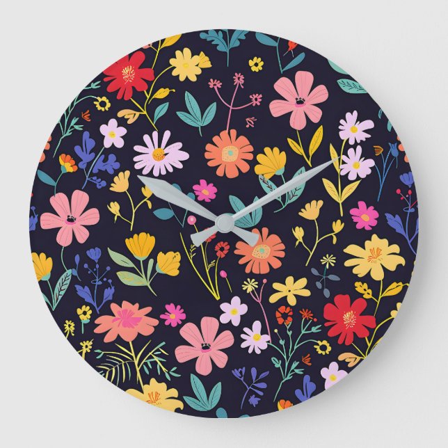Dark Colorful Ditsy Floral Bohemian Pattern Large Clock (Front)
