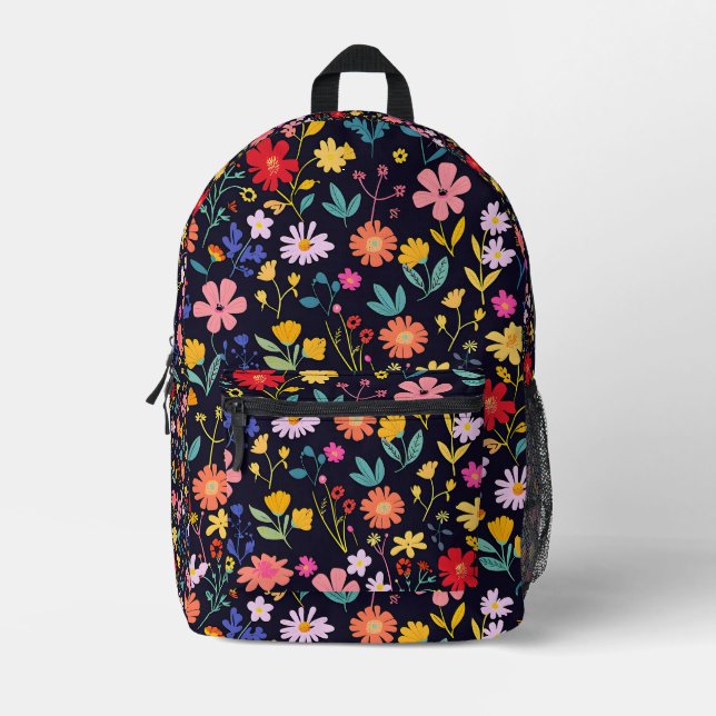 Dark Colorful Ditsy Floral Bohemian Pattern Printed Backpack (Front)