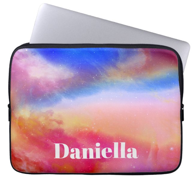 Dark Colorful Holographic Sky with Custom Name Laptop Sleeve (Front)