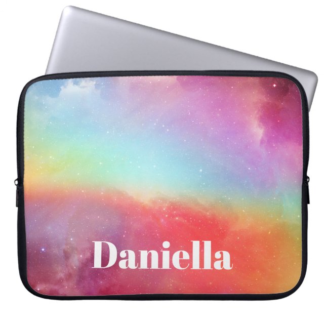 Dark Colorful Holographic Sky with Custom Name Laptop Sleeve (Front)