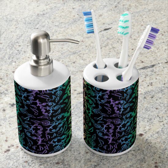 Dark Colorful Music Notes Pattern Soap Dispenser And Toothbrush Holder
