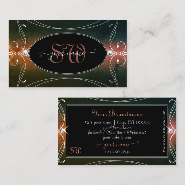 Dark Colorful Ornate Sparkling Diamonds Initials Business Card (Front/Back)