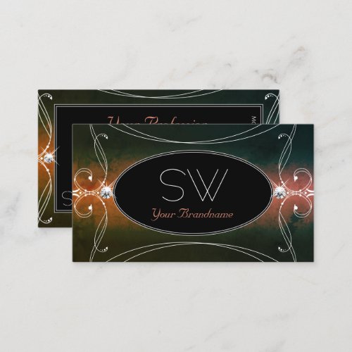 Dark Colorful Ornate Sparkling Diamonds Monogram Business Card