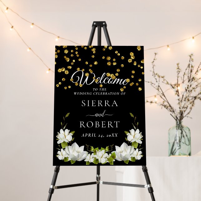 Dark Confetti Floral Elegant Wedding Welcome Sign (In Situ (Stand))