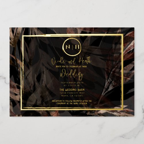 Dark Copper Brown Bronze Botanical Wedding Gold Foil Invitation