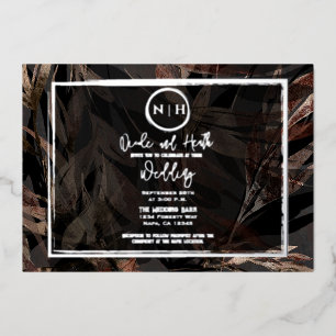 Dark Copper Brown Bronze Botanical Wedding Silver Foil Invitation