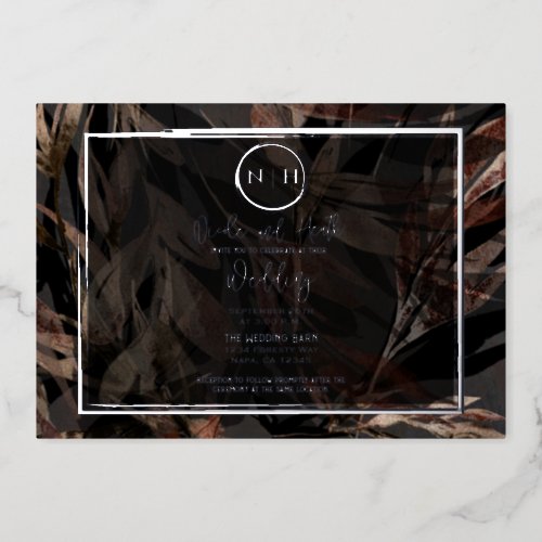 Dark Copper Brown Bronze Botanical Wedding Silver Foil Invitation