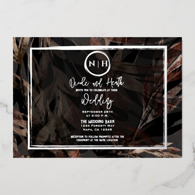 Dark Copper Brown Bronze Botanical Wedding Silver Foil Invitation (Front)