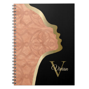 Dark Coral Black And Gold Face Monogram Name Notebook