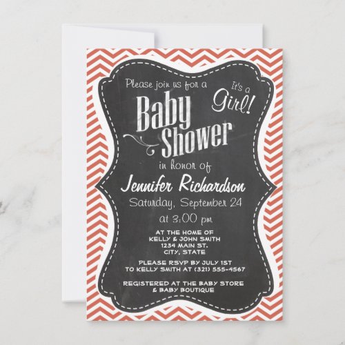 Dark Coral Chevron; Vintage Chalkboard Announcements