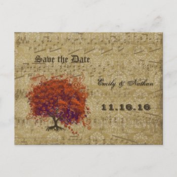 Dark Coral Heart Leaf Tree Save The Date Announcement Postcard by samack at Zazzle
