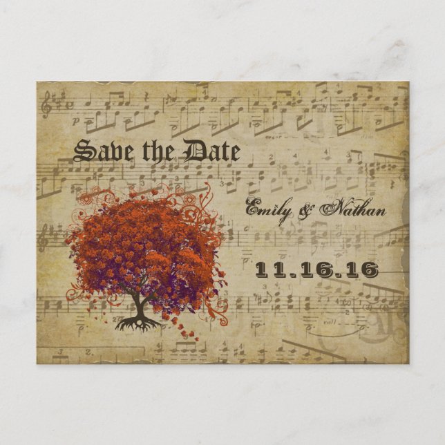 Dark Coral Heart Leaf Tree Save the Date Announcement Postcard (Front)