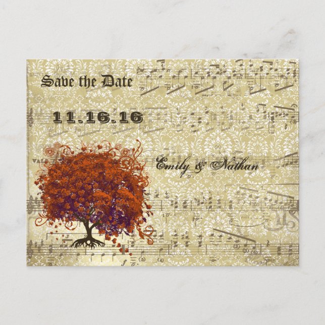 Dark Coral Heart Leaf Tree Save the Date Announcement Postcard (Front)