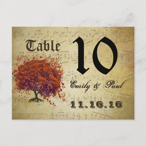 Dark Coral Heart Leaf Tree Table Number Card