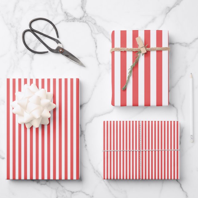 Dark Coral & White Stripes Wrapping Paper Sheets (Front)