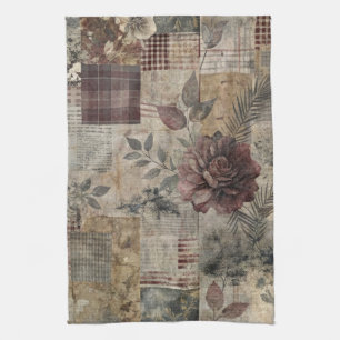 Dark Cottage Floral Patchwork -Burgundy & Charcoal Kitchen Towel