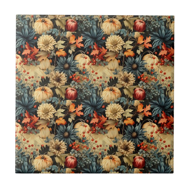 Dark Cottagecore Autumn Pumpkin Floral Ceramic Tile (Front)